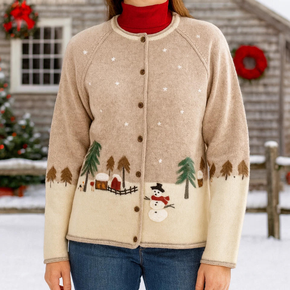 Cárdigan de Navidad Woolrich Corderos Lana Mujeres Mediano Muñeco de Nieve Granja Suéter Feo Foto 1 de 4