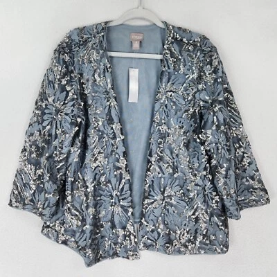 Chicos свитер женщин 3 синий 16 серебро блестки легкий 3/4 рукав кардиган новый - Изображение 1 из 4