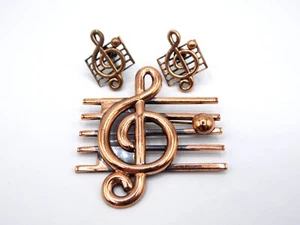 Vintage Renoir Modernist - Treble Clef Music Note - Copper Brooch & Earrings Set - Picture 1 of 7