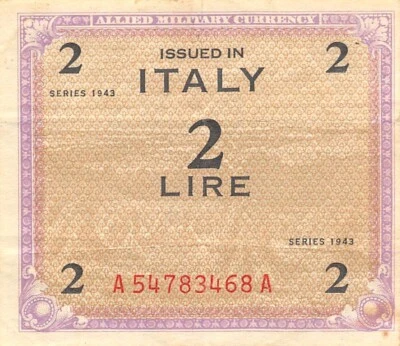 Italy  2  Lire  Series of 1943  Block A-A  WW II Issue Circulated Banknote G 3 - Image 1 of 2