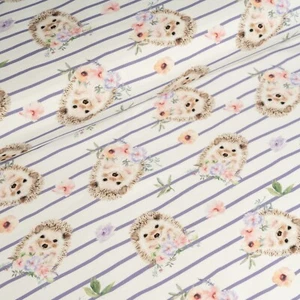 Cotton Jersey Fabric, Hedgehogs and Flowers, Striped Fabric, Stretch Knit Fabric - Picture 1 of 6