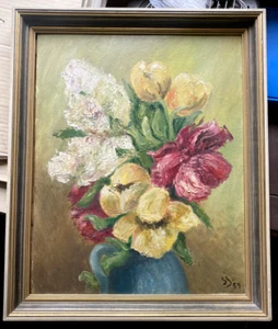 Oil Painting Still Life Tulips Monogram Antique 1933 Flowers Red Yellow Frame - Picture 1 of 6