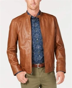 Tasso Elba Mens Leather Cafe Racer Jacket - XL - Cognac Brown - NEW w/Tags - Picture 1 of 10