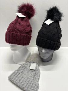 West Loop Womens 3 colors Cable Knit Faux Fur Tassel Beanie Pom Hat NWT 1 Size - Picture 1 of 10