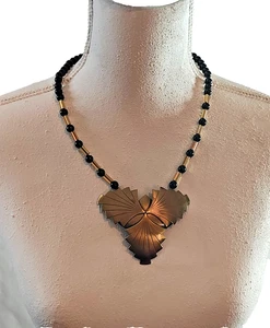 Gold Tone Leaf Statement Black Bead Necklace - Picture 1 of 7