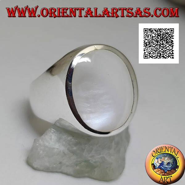Anello in Argento 925‰ madreperla ovale grande a filo su montatura liscia - Immagine 1 di 1
