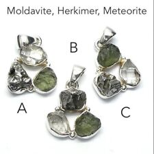 Authentic Moldavite, Herkimer and Meteorite Natural Gemstone Silver Pendant