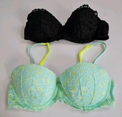 Lote de 2 sujetadores push-up de encaje azul rosa Victoria's Secret y negro sin tirantes talla 34C  Foto 1 de 4