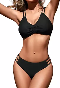Women Two Piece Bikini Double Strap Swimsuits Hollow Out Bathing Suit Mid Waist - Picture 1 of 12
