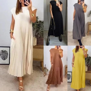 Womens Summer Beach Pocket Dress Party Holiday Pleated Maxi Dresses Plus Size US - Picture 1 of 21