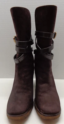 Tory Burch Botas Altas de Cuero Marrón con Envolturas de Correa Tacones de 3.5" 6.5 M 5564 Foto 1 de 4