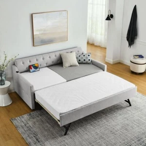 Twin/Full to King Size Daybed Button Trim Bed w/Pop Up Trundle & USB Type-C Port - Picture 1 of 48