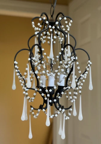 Antique Italian White Opaline Glass Macaroni Beaded Petite Birdcage Chandelier Cover