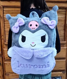 💜 SANRIO KUROMI PLUSH EMBROIDERED BACKPACK School Bag ~ Large Purple/Grey 🩶 - Picture 1 of 8