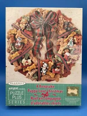 Springbok CHRISTMAS 500 pc Jigsaw Puzzle 1999 Puppy Dog Bones Wreath - Image 1 of 4