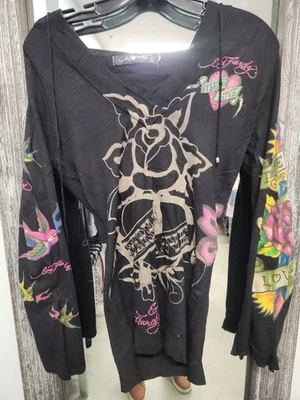 Sudadera con Capucha Y2K Ed Hardy Eternal Love Gráfica Cuello en V Mediana Negra Tatuaje Manga Larga Foto 1 de 4