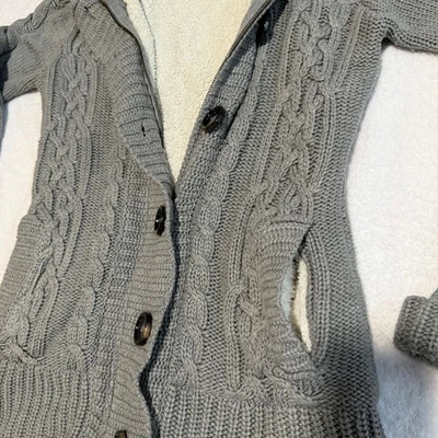 Cozy Gray Cable Knit Sherpa Lined Cardigan Sweater with Hood  - Image 1 of 4