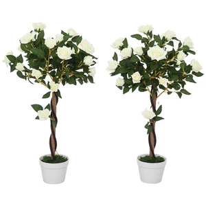 Outsunny Set of 2 90cm Artificial Rose Tree, Fake Decorative Plant, White - Picture 1 of 11