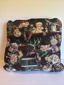Vintage Christmas Tapestry Pillow/Cushion Elves Working In Toy Shop MultiColored - Picture 1 of 6