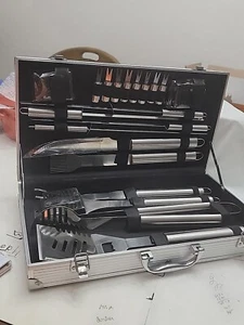 I) 21 Piece Stainless Steel BBQ Grill Accessory Tool Set in Aluminum Carry Case - Picture 1 of 11