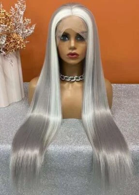 Moda Gris Plateado con Rubio Destacado Pelucas Encaje Frontal Peluca Larga Recta Foto 1 de 4