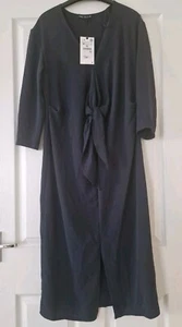 Zara Long Maxi Blue Bow Dress 3/4 Sleeve V-Neck Womens UK M Brand New - Picture 1 of 12