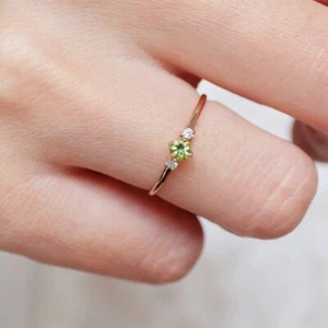 Minimal Round Cut Natural Peridot Rose Gold Plated Silver Dainty Engagement Ring - Picture 1 of 6