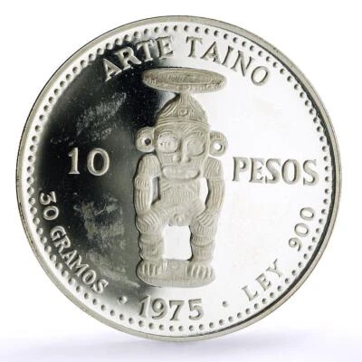 Dominican Rep. 10 pesos Pueblo Viejo Mine Arte Taino Art proof silver coin 1975 - Image 1 of 4