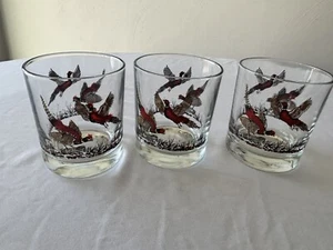 Set of 3 - Vintage Pheasant Lowball Rocks Old Fashioned Glasses - Picture 1 of 1