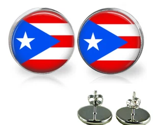 Puerto Rico Rican Flag Glass Top Stud Earrings 3 Sizes Handmade Photo Jewelry - Picture 1 of 3