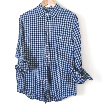 Merona M Blue & Black Gingham Linen Cotton Blend Flannel Shirt Button Down Shirt - Image 1 of 4