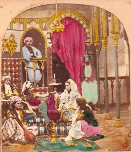 painted tinted stereoview photo stereo Oriental harem girls scenery ca 1860 - Picture 1 of 3