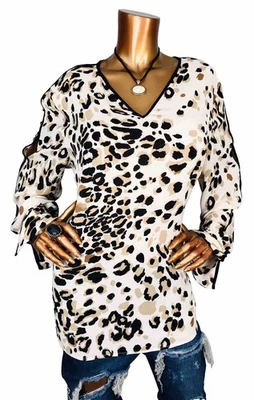 Chico’s 3 or XL Top Stretch Animal Print Cut Out Cold Sleeves Blouse Tunic Sheer - Image 1 of 4