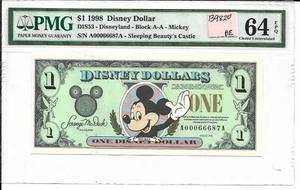 ORIGINAL 1 $ 1998 A-A (DISNEYLAND) DISNEY DOLLARS SLABBED PMG 64 EPQ AUSWAHL UNC - Bild 1 von 2