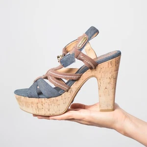 Sandalias de mezclilla con tiras de tacón alto Pepe Londres EU 38 Reino Unido 5 EE. UU. 7 - Imagen 1 de 7