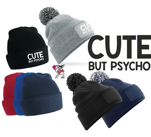 Cute But Psycho Printed Bobble Beanie Hat Custom Name Logo Winter Headwear Funny - Picture 1 of 8
