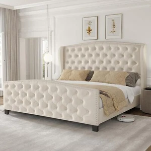 Queen Size Upholstered Bed Frame, Velvet Tufted Platform Bed w/Wingback, Black - Picture 1 of 36