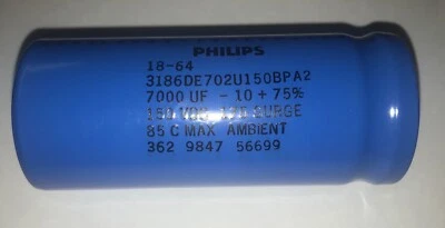 Capacitor eletrolítico Philips 7000 uF mfd 150 VDC - Terminais superiores de parafuso - NOS - Imagem 1 de 4