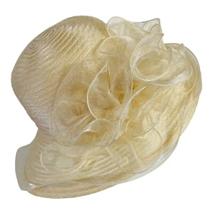 Elegant Bellady Wide Brim Church Hat Beige Derby Organza Flower Formal VTG - Picture 1 of 13