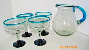 PIER 1 HAND BLOWN MEXICAN BUBBLE GLASS PITCHER 128 oz. W/MARGARITA GLASSES SET 4 - Picture 1 of 5