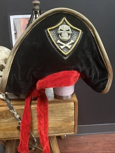 ELOPE Pirate Buccaneer Hat Black Velvet Skull Cross Bones w/ gold trim Red Velve - Picture 1 of 3