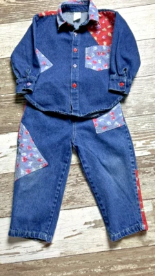 Rare Vintage 90's Denim Hippie Floral Girls Pants Shirt Cuties by Judy Size 2T - Image 1 of 4
