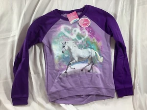 Hanes Sweat Shirt Girls Large 10-12 Purple Long Sleeve Hi Lo Crew Unicorn NEW - Picture 1 of 5