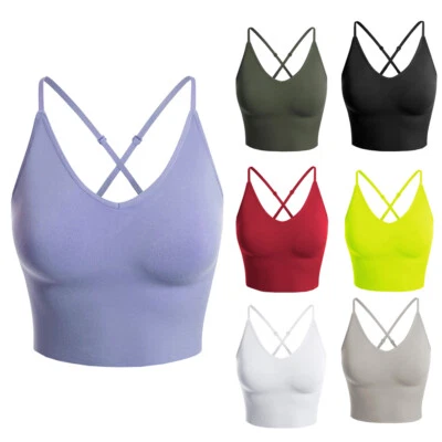 Womens Padded Sports Bra Cross Back Cami Cropped Yoga Tank Top Adjustable strap - Image 1 of 2