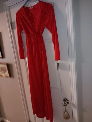 NWT Vtg ROBE Petite Gilead Red Nylon Silky Full Long Length Tie Waist Lace Sexy - Image 1 of 4