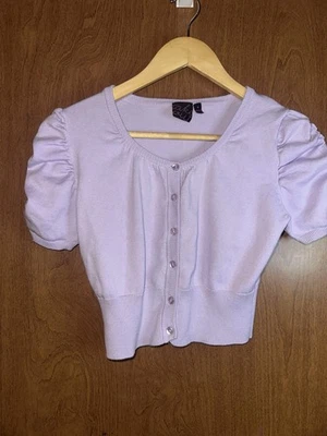 Take Out Cropped Cardigan Short Sleeves Size M Scrunch Sleeves6 Buttons - Image 1 of 4