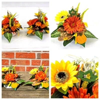 Gesteck 2 x Seide Gelb Orange Kunstblumen Sonnenblume Gerbera rund 25 cm Herbst - Bild 1 von 4