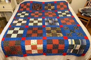 Vintage 1970's Quilt 68" X 86" Machine & Hand Stitched Tied ~ Nine Square~ Blues - Picture 1 of 15