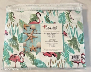 NEW Twin Sheet Set 3 Piece COASTAL COLLECTION Flamingo Paradise Pink Tropical - Picture 1 of 2