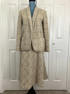 Vintage 1950's Tan Wool Tweed Plaid Skirt Jacket Set Waist Rockabilly Pin-Up  - Picture 1 of 10